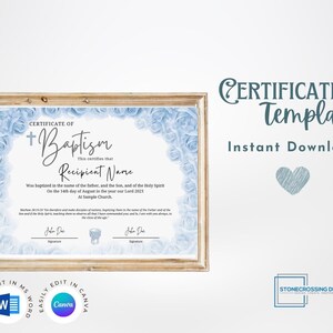 Editable Certificate of Baptism Template. Child Dedication. Printable Certificate. Editable with Canva or Microsoft Word.