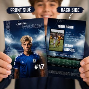 May include: A two-sided sports trading card featuring a blue football shirt on the front with the name Jason Wilson and number 17. The back displays a player photo, personal details, and 2022 pitching stats in a dark blue stadium background.