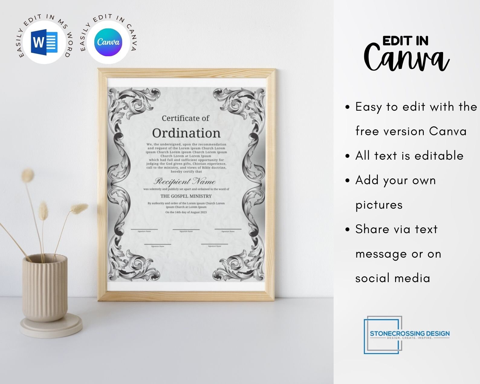 Editable Ordination Application Form Editable Certificate of Ordination Template. Ordained Minister ...