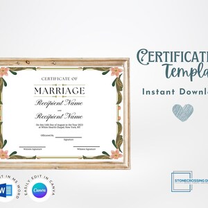 Editable Certificate Of Marriage Template. Marriage License. Printable Certificate. Editable with Canva or Microsoft Word.