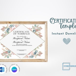 Editable Certificate Of Marriage Template. Marriage License. Printable Certificate. Editable with Canva or Microsoft Word.
