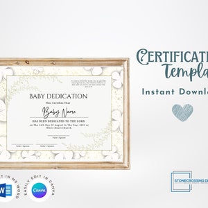 Editable Certificate of Baby Dedication Template. Child Dedication. Printable Certificate. Editable with Canva or Microsoft Word.