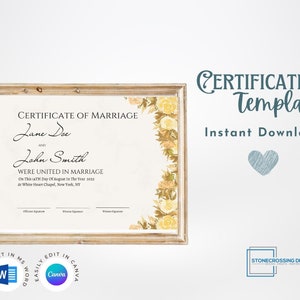 Editable Certificate Of Marriage Template. Marriage License. Printable Certificate. Editable with Canva or Microsoft Word.