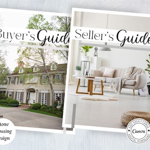 May include: A two-page guide for buyers and sellers of homes. The buyer's guide features a photo of a large, traditional home with a brown roof and gray shutters. The seller's guide features a photo of a modern living room with a white couch and a coffee table. The text "Stone Crossing Design" is visible in the lower left corner of the image.