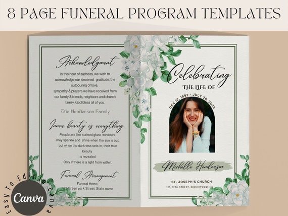 8 Page Funeral Program Template 8 Page Obituary Template Etsy
