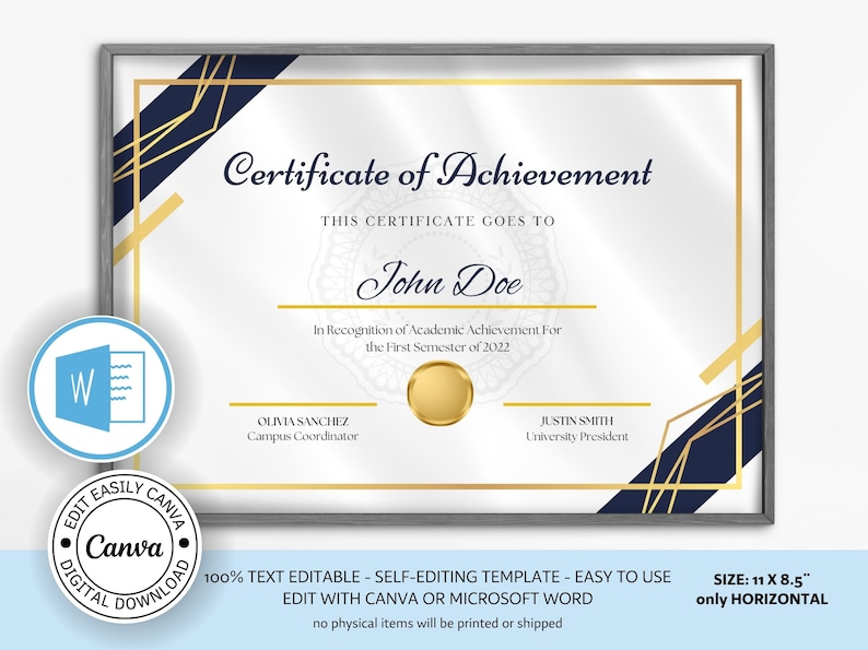 Editable certificate of achievement template award template etsy