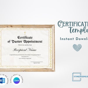 Editable Certificate of Pastor Appointment. Editable with Canva or Microsoft Word. Instant Download. Printable Certificate.