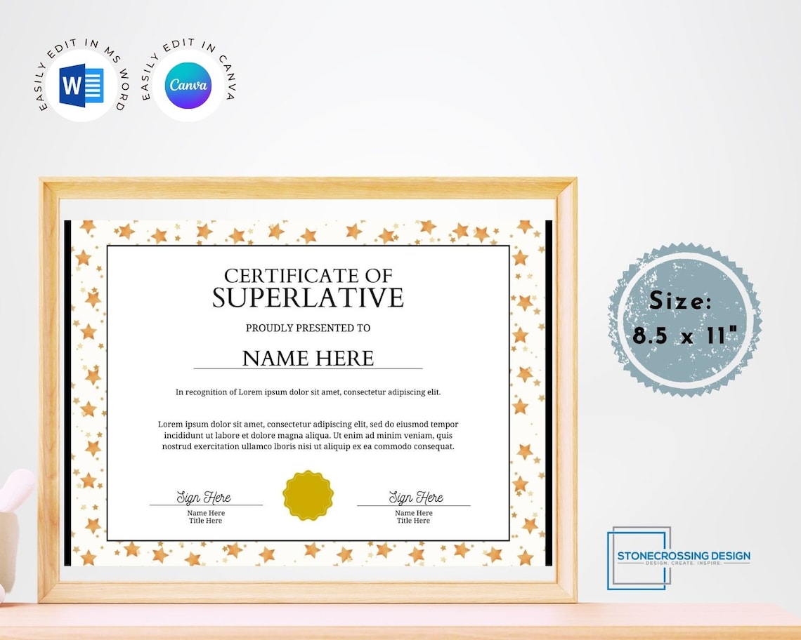 Editable Certificate of Superlative Award Template Printable Etsy