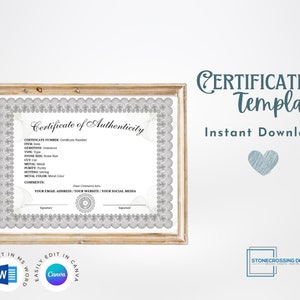 Editable Certificate of Authenticity Template. Authenticity Certificate. Printable Certificate. Editable with Canva or Microsoft Word.