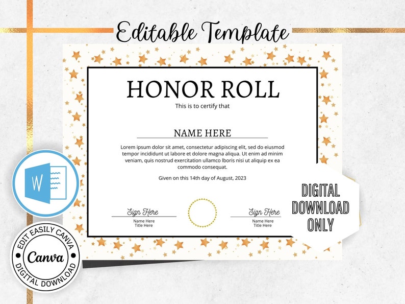 Editable Certificate of Honor Roll. Recognizing Academic - Etsy