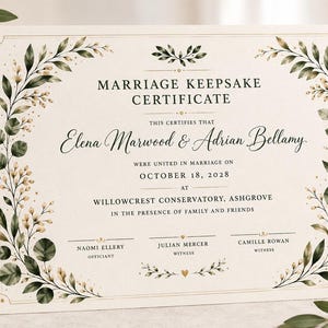 Może przedstawiać: Kremowy certyfikat ślubny z ilustracjami ciemnozielonych liści eukaliptusa po bokach. Tekst zawiera napis Marriage Keepsake Certificate, Elena Marwood & Adrian Bellamy, 18 października 2028, Willowcrest Conservatory, Ashgrove.