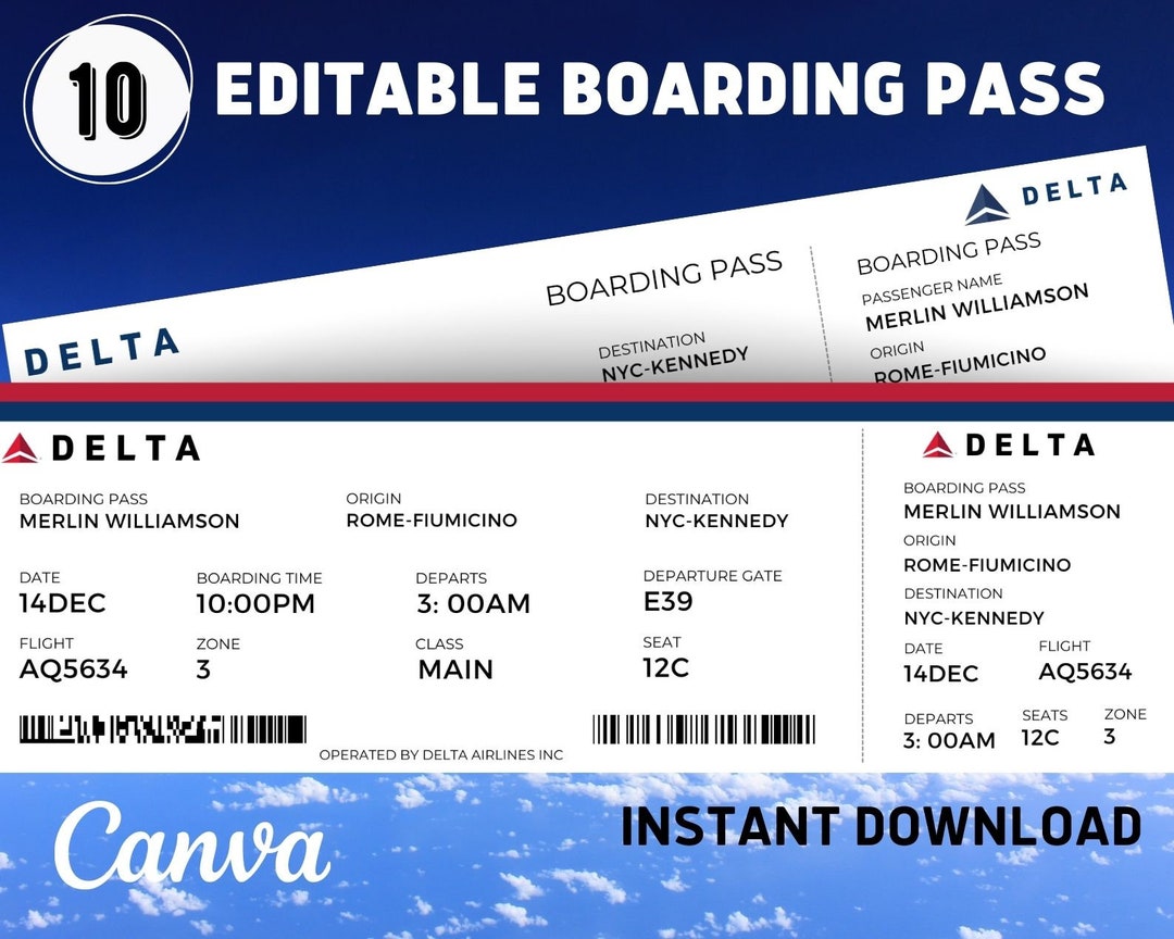 Editable Airline Boarding Pass Ticket Template. Surprise Trip Etsy