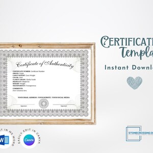 Editable Certificate of Authenticity Template. Authenticity Certificate. Printable Certificate. Editable with Canva or Microsoft Word.