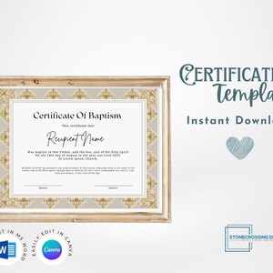 Editable Certificate of Baptism Template. Child Dedication. Printable Certificate. Editable with Canva or Microsoft Word.