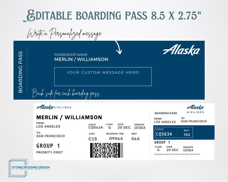 Editable Airline Boarding Pass Ticket Template. Surprise Trip Ticket
