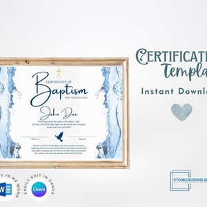Editable Certificate of Baptism. Celebrating a Sacred Milestone. Printable Certificate. Editable with Canva or Microsoft Word.