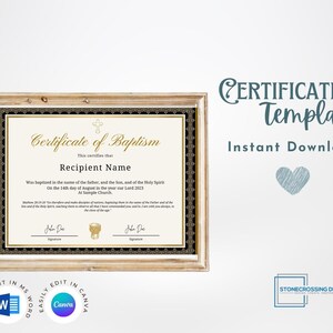 Editable Certificate of Baptism Template. Child Dedication. Printable Certificate. Editable with Canva or Microsoft Word.