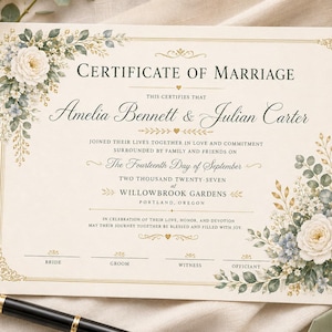 Puede incluir: Un certificado de matrimonio de color crema con bordes dorados e ilustraciones florales de rosas blancas y hojas de eucalipto. El texto incluye "Certificate of Marriage", nombres, fecha y lugar, con líneas de firma para los novios, testigos y oficiante.