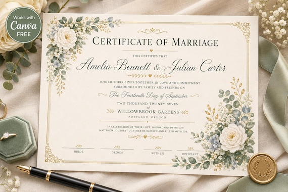 Editable Marriage Certificate Template, Canva Certificate, Printable Certificate, Digital Certificate, Instant Download