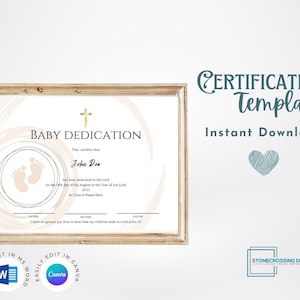 Editable Certificate of Baby Dedication Template. Child Dedication. Printable Certificate. Editable with Canva or Microsoft Word.