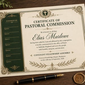Könnte beinhalten: Ein cremefarbenes Zertifikat für eine pastorale Beauftragung mit dunkelgrünen Akzenten und goldenen Zierrändern. Der Text enthält den Namen Elias Marlowe, die Covenant Fellowship Assembly und das Datum 14. September 2028 sowie Unterschriftenzeilen.