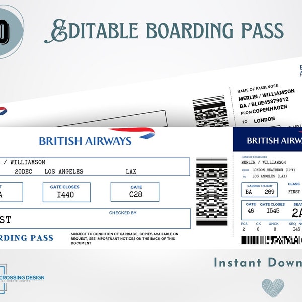 Editable Airline Boarding Pass Ticket Template.  Surprise Trip Ticket.  Printable Airline Ticket. Instant Download. British Airways.