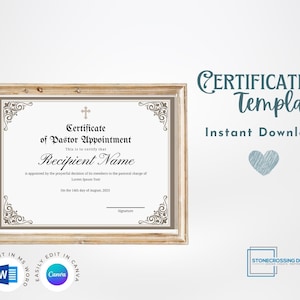 Editable Certificate of Pastor Appointment. Editable with Canva or Microsoft Word. Instant Download. Printable Certificate.