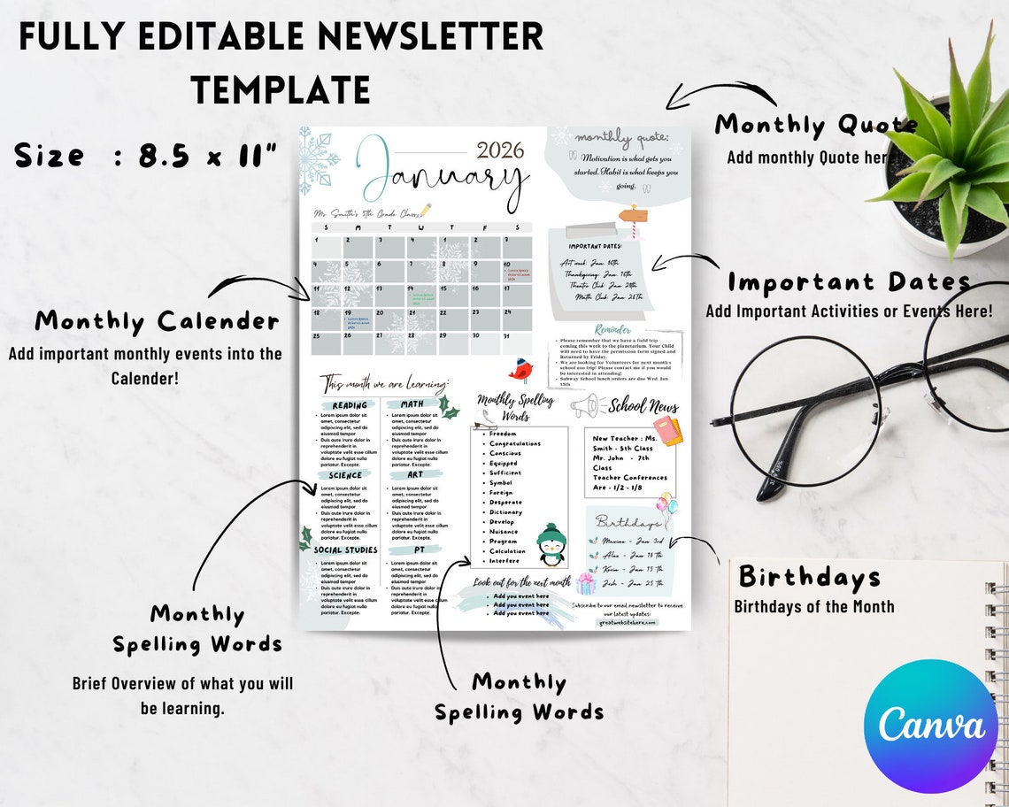 January 2026 Newsletter Template | Editable Monthly Newsletter ...