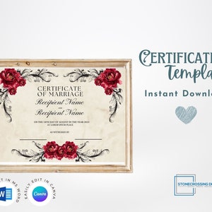 Editable Certificate Of Marriage Template. Marriage License. Printable Certificate. Editable with Canva or Microsoft Word.