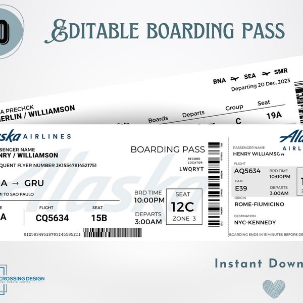 Editable Airline Boarding Pass Ticket Template.  Surprise Trip Ticket.  Printable Airline Ticket. Instant Download. Alaska Airlines.