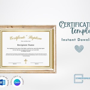 Editable Certificate of Baptism Template. Child Dedication. Printable Certificate. Editable with Canva or Microsoft Word.