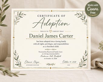 Editable Adoption Certificate, Adoption Canva Template, Printable Adoption Certificate, Child Adoption Certificate, Digital Certificate