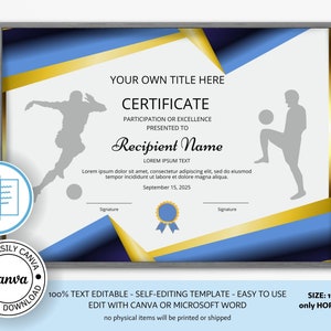 Editable Soccer Sports Certificate Template With Photo Award Etsy