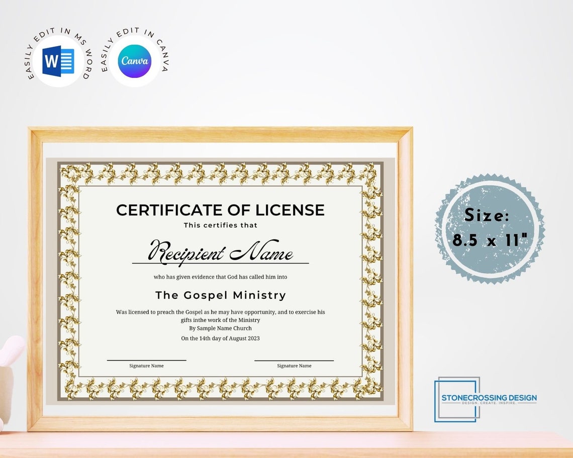 Editable Certificate of License Template. Award Template. Printable