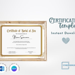 Puede incluir: Una plantilla de certificado imprimible para un entierro en el mar. El certificado tiene un borde dorado y un fondo blanco. El texto en el certificado dice "Certificado de entierro en el mar". El texto "Nombre Apellido" está incluido en el certificado. El certificado está disponible para descarga instantánea y se puede editar en Microsoft Word o Canva.