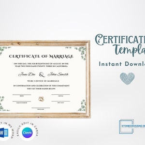 Editable Certificate Of Marriage Template. Marriage License. Printable Certificate. Editable with Canva or Microsoft Word.