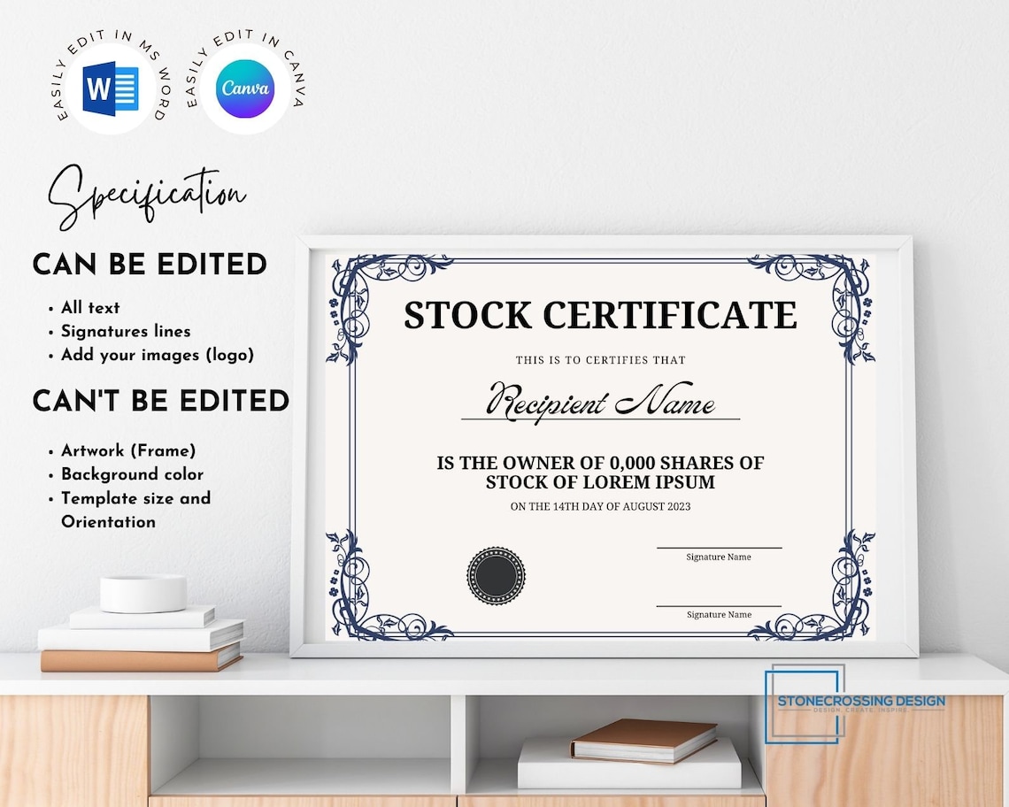 Editable Stock Certificate Template. Printable Certificate. Editable ...