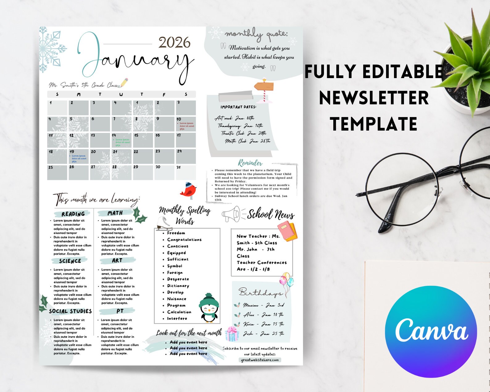January Note Template January 2026 Newsletter Template | Editable Monthly Newsletter ...