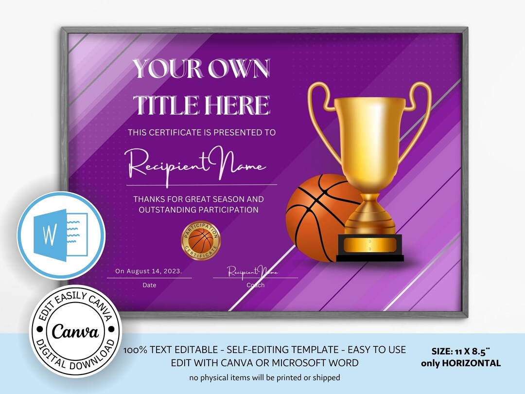 Editable Basketball Sports Certificate. Recognizing Sporting Etsy