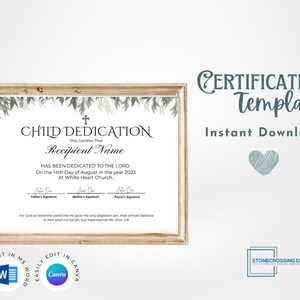 Editable Certificate of Child Dedication Template. Child Dedication. Printable Certificate. Editable with Canva or Microsoft Word.