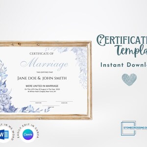 Editable Certificate Of Marriage Template. Marriage License. Printable Certificate. Editable with Canva or Microsoft Word.