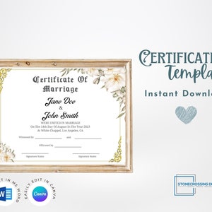Editable Certificate Of Marriage Template. Marriage License. Printable Certificate. Editable with Canva or Microsoft Word.