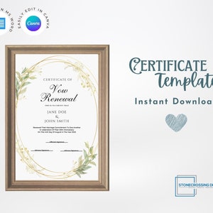 Editable Certificate Of Vow Renewal Template. Marriage License. Printable Certificate. Editable with Canva or Microsoft Word.