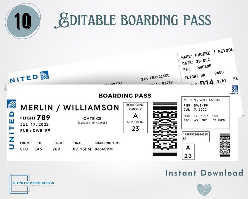Editable Airline Boarding Pass Ticket Template. Surprise Trip Ticket ...