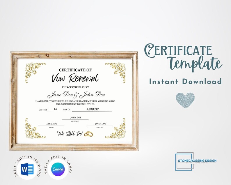 Editable Certificate of Vow Renewal Template. Marriage License ...