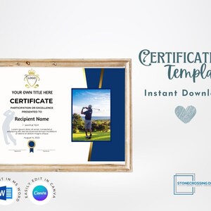 Editable Golf Sports Certificate Template With Photo. Award. Trophy. Printable Certificate. Editable with Canva or Microsoft Word.