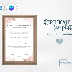 Editable Certificate Of Marriage Template. Marriage License. Printable Certificate. Editable with Canva or Microsoft Word
