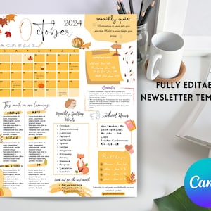 May include: Editable newsletter template for October 2024 with a calendar, monthly learning topics, spelling words, school news, and birthdays. The template features a fall theme with autumn leaves, pumpkins, and a hedgehog.
