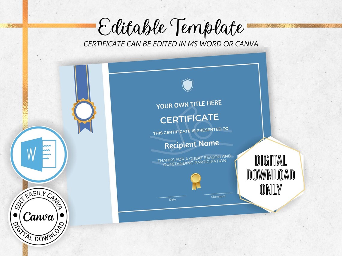 Editable Participation Sports Certificate Template With Photo. - Etsy