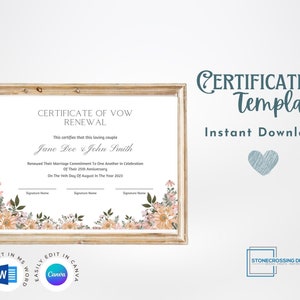 Editable Certificate Of Vow Renewal Template. Marriage License. Printable Certificate. Editable with Canva or Microsoft Word.